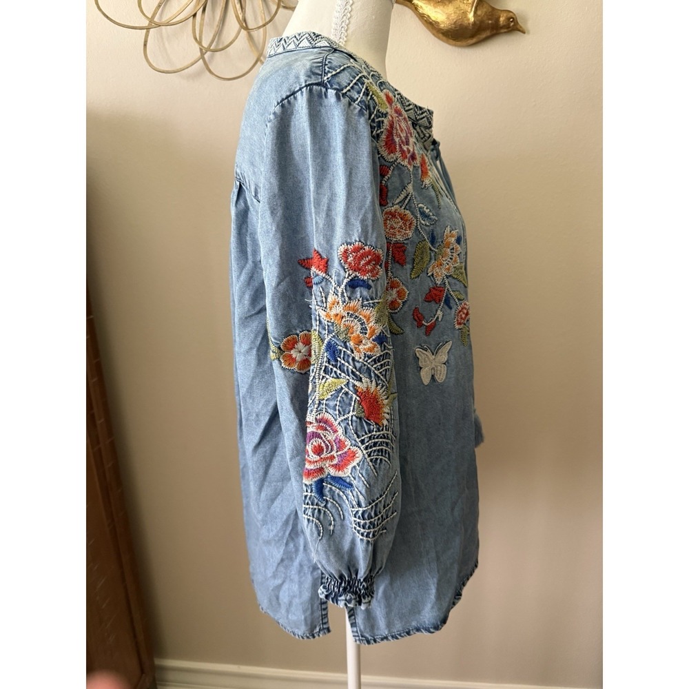 Tru Luxe Jeans Tencel Embroidered Tunic Top Medium Boho Floral Peasant Blue - Picture 5 of 11